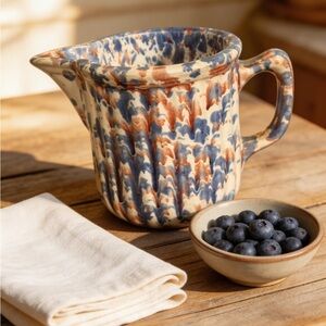 Rare VTG Morton Stoneware Spongeware Pitcher - Red, White & Blue Splatterware